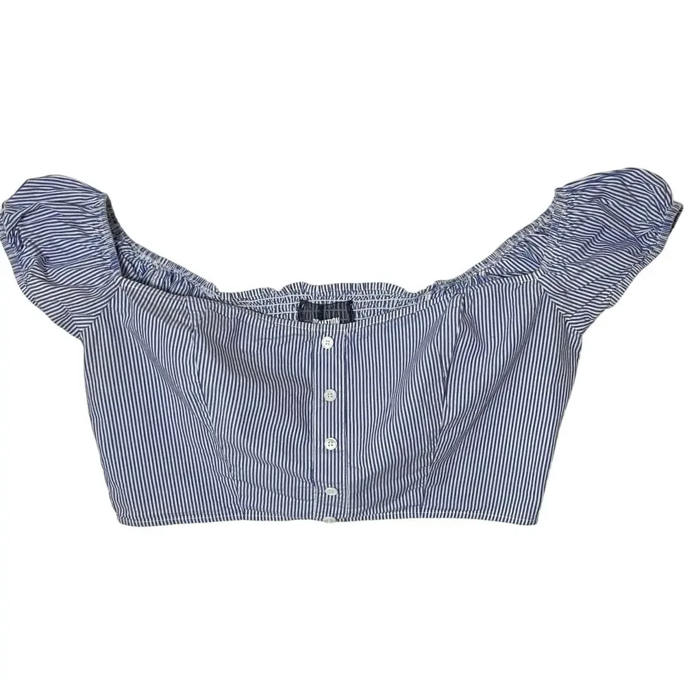Reformation Milkmaid Blue White Pinstripe Puff Sleeve Crop Top XL Couquette